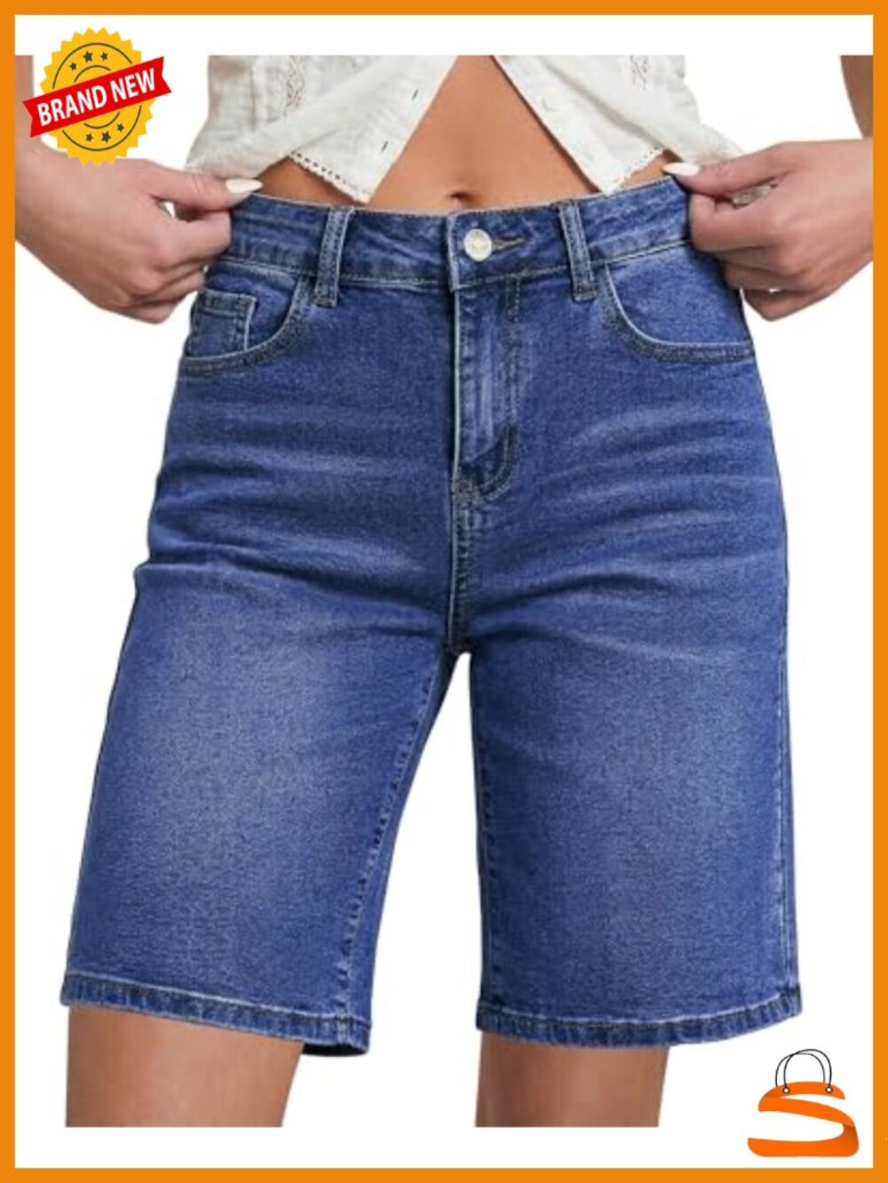 High Waisted Bermuda Jean Shorts Stretchy Denim Jorts with Pockets
